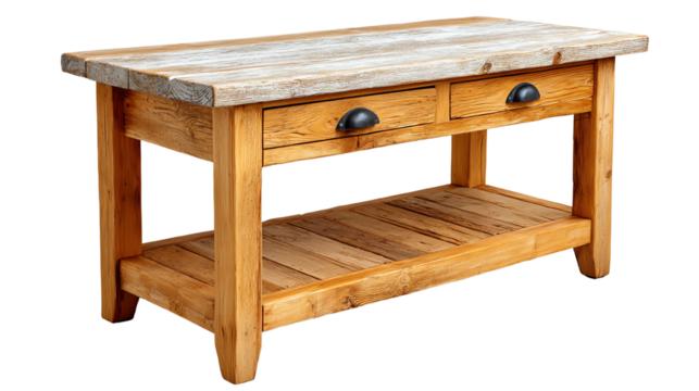 Stylish wooden table with two drawers and a spacious shelf, ideal for home decor. - Powered by Adobe