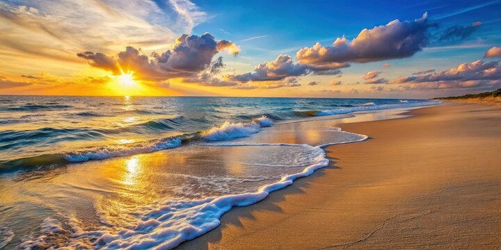 Serene sandy beach at sunset with calm waves gently lapping at shore