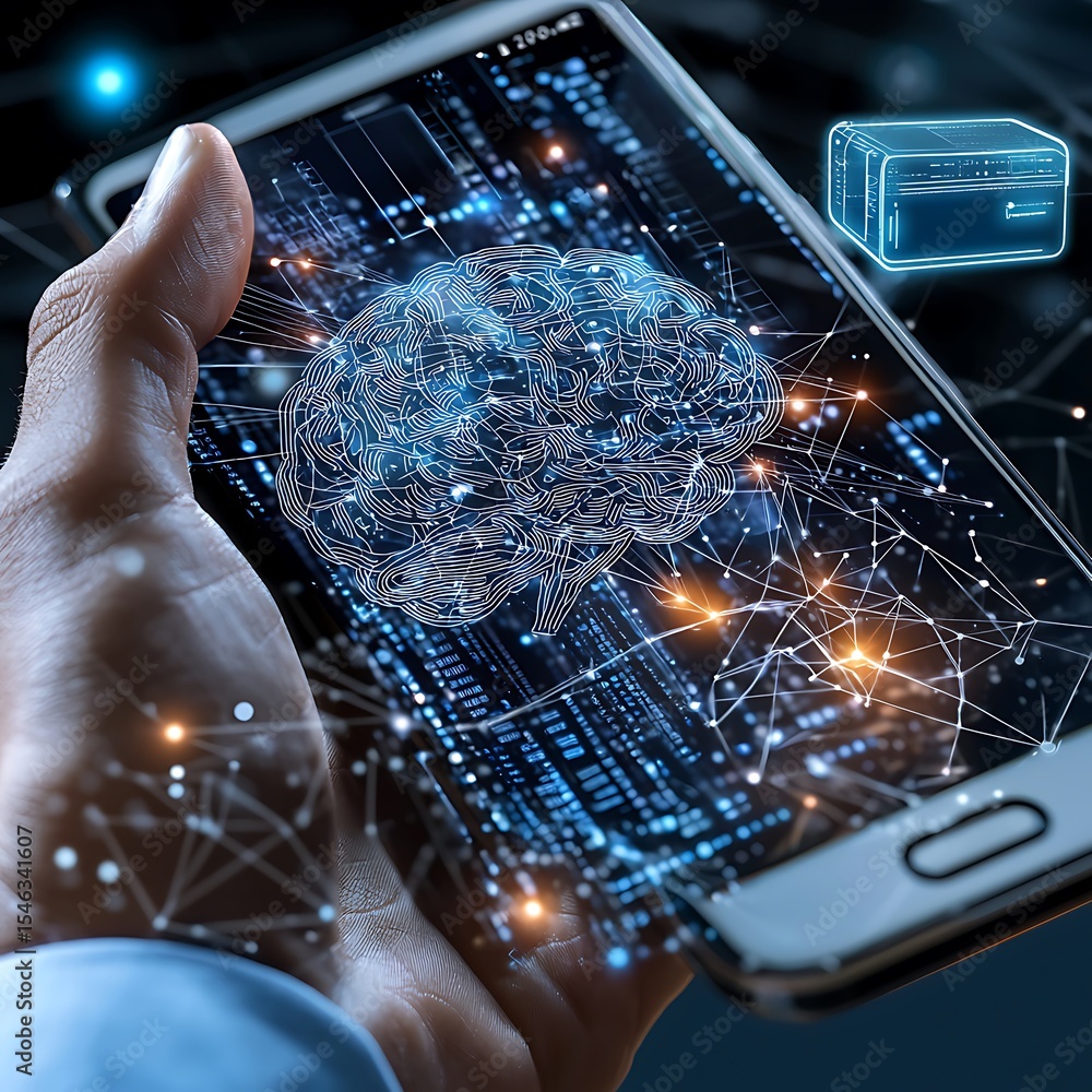 Poster hand holding smartphone displaying brain imagery with data connections and technology concepts