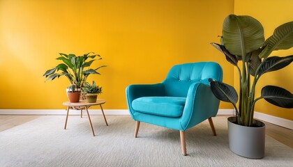 modern minimalist living room scene featuring an aqua armchair colorful planters and vibrant yellow wall creating a bright and cheerful atmosphere