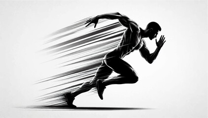 Monochrome black and white illustration of a fast-running man with athletic build on a light gray background. Vector graphics. EPS.