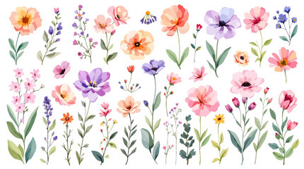 Set of spring flowers, Colorful spring flowers, Set of watercolor flowers, Clipart watercolor flowers	