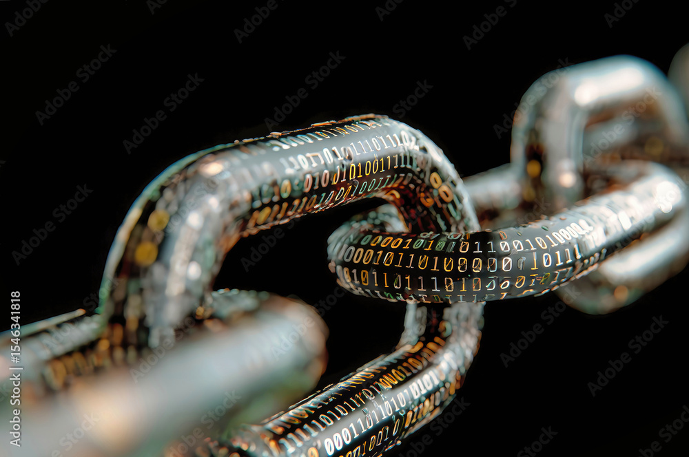 Poster cyber chain illustration featuring detailed binary code in a high-resolution, photorealistic style