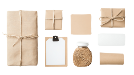 Various gift items wrapped in brown kraft paper on a white isolate background.