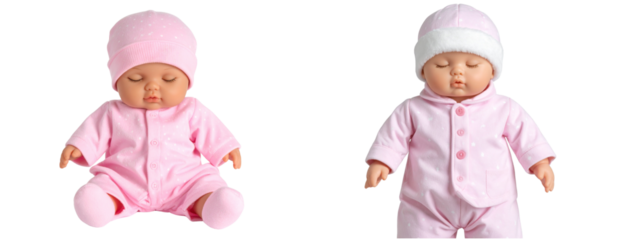 Cuddly baby doll in pink pajamas with sleepy face, soft toy isolated on transparent background PNG
