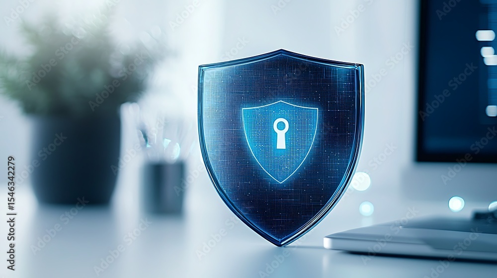 Poster modern cybersecurity concept with digital shield and lock symbol on blurred background of office wor