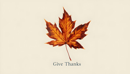 A single autumn maple leaf on a creamy background with the text "Give Thanks" below   -