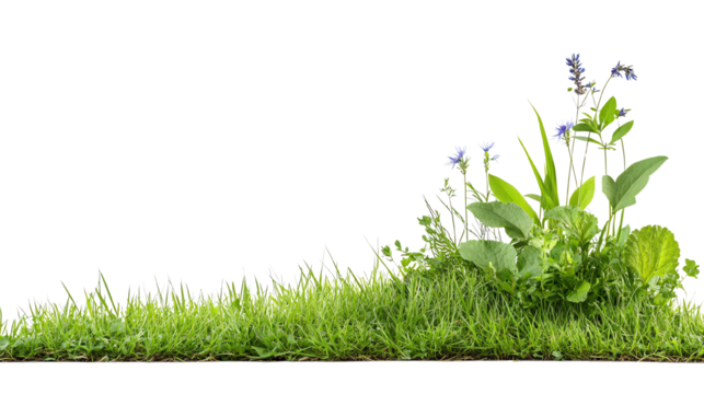 Vibrant grass and wildflowers arranged in an organic manner, showcasing nature's beauty on a white background.