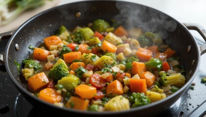 Steaming Mixed Vegetables Sautéing in a Frying Pan