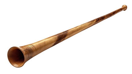 A long, traditional wooden alphorn, isolated on a pure white background. A classic musical instrument symbolizing Swiss alpine culture and folk music, ideal as a graphic element for cultural designs.