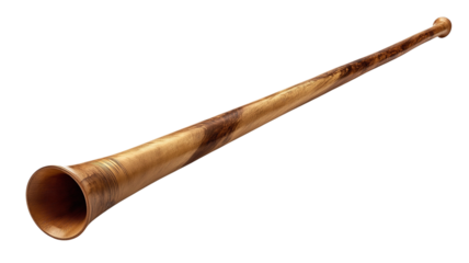 A long, traditional wooden alphorn, isolated on a pure white background. A classic musical instrument symbolizing Swiss alpine culture and folk music, ideal as a graphic element for cultural designs.