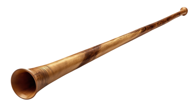 A long, traditional wooden alphorn, isolated on a pure white background. A classic musical instrument symbolizing Swiss alpine culture and folk music, ideal as a graphic element for cultural designs.