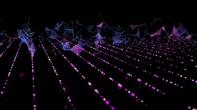 Futuristic background grid quantum computing from dots in rows with poligons broken data. Digital technology concept research lost bytes in ciberspace. Big data.