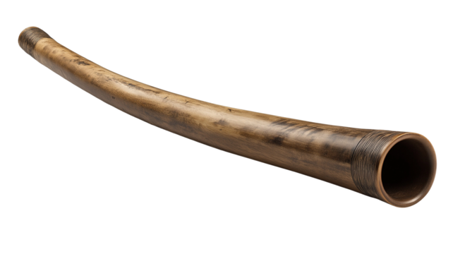 A long, traditional wooden alphorn, isolated on a pure white background. A classic musical instrument symbolizing Swiss alpine culture and folk music, ideal as a graphic element for cultural designs.