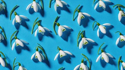 Fototapeta premium Snowdrops in elegant pattern on blue, a minimalist spring harmony