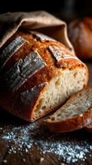 A sliced artisan sourdough bread loaf with a crusty texture    -