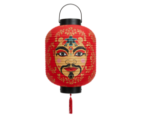 Vibrant Red Lantern with Intricate Traditional Mask Painting, Symbolizing Cultural Heritage and Artistic Expression