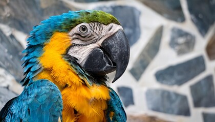 Obraz premium vibrant blue and gold macaw portrait against a marble textured wall showcases the bird s colorful plumage and exotic beauty