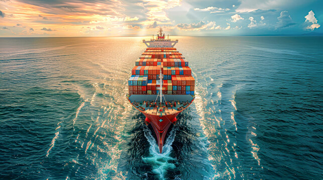 Container ship sails through calm ocean waters under a partly cloudy sky at sunset, carrying numerous colorful cargo containers.