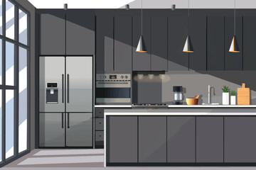 Kitchen interior with furniture and dishes, staff. Flat vector illustration.