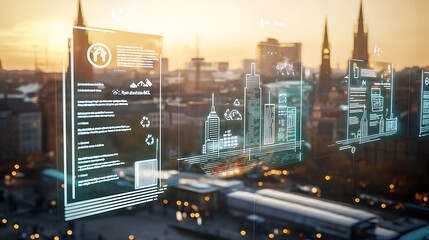 Modern Cityscape with Transparent Data Overlays and Digital Infographics at Sunrise