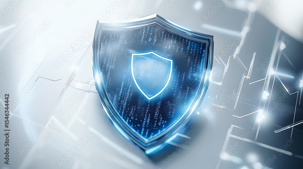 Poster digital shield symbolizing cybersecurity protection and data safeguarding in technological environme