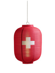 A single glowing red Swiss paper lantern with a white cross, isolated on a pure white background. A traditional and festive design element for the Swiss National Day celebration on August 1st.