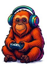 Cute orang utan with headphones and game controller vector illustration