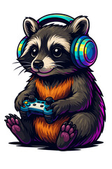 Cute raccoon with headphones and game controller vector illustration