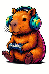 Cute capybara with headphones and game controller vector illustration