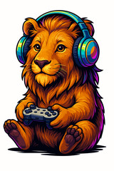 Cute lion with headphones and game controller vector illustration