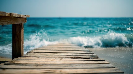 Fototapeta premium Wooden dock stretching into turquoise waters, serene beach backdrop. Tranquil escape into nature's beauty.
