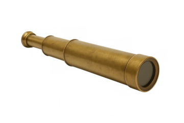 Antique brass telescope lying diagonally on a transparent background, evoking exploration and discovery