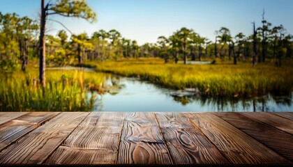 close up of rustic empty wooden table with blurred louisiana swamp background