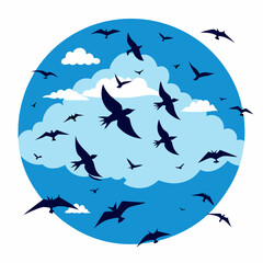 Sky filled with birds flying, vector graphic, white background