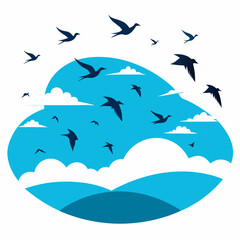 Sky filled with birds flying, vector graphic, white background