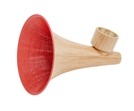 Whimsical close-up of a classic clown horn with red bulb, isolated on a plain setting that highlights its vibrant colors