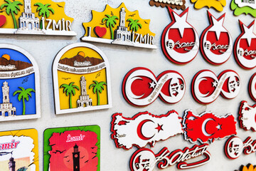 Colorful Izmir and Turkey-themed fridge magnets on display at souvenir shop in Izmir, Turkey