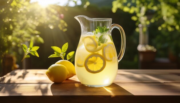 refreshing lemonade in a glass pitcher illuminated by soft sunlight creating a serene atmosphere perfect for warm afternoons spent relaxing with loved ones