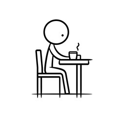 Stick figure enjoying a beverage at a table, simple and stylized design