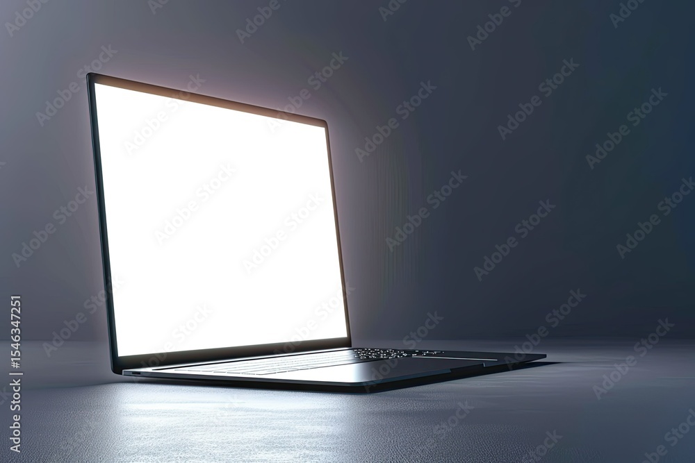 Poster laptop side view with screen lighting glow, copy space on beautiful background 3d rendering