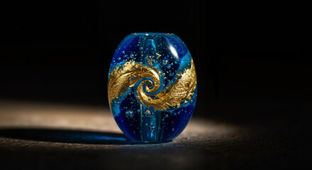 Beautiful blue glass bead with gold swirl design illuminated against a dark background