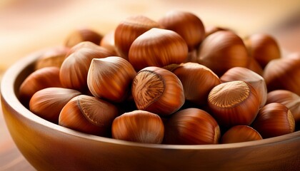 Fototapeta premium macro capture of hazelnuts with a subtle sheen highlighting their natural texture and inviting golden tones