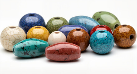 Colorful collection of ceramic beads in various shapes and sizes on a white background