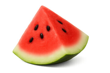 Fresh, juicy slice of watermelon showing red flesh, black seeds, and green rind, isolated on a transparent background