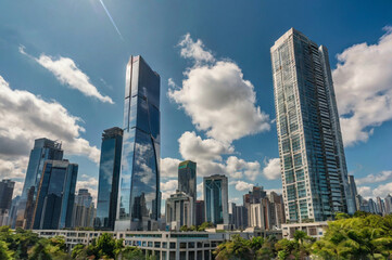 Fototapeta premium Modern city skyline skyscrapers blue sky clouds