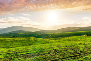 green spring or fummer farm field. rural landscape of countryside wirh agriculture view in farmland with beautiful cloudy sky on background