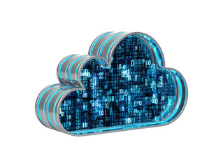 Digital cloud computing 3d icon with binary code isolated on transparent or white background, png