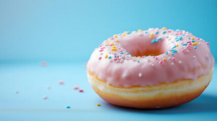 Delicious pink frosted donut with colorful sprinkles