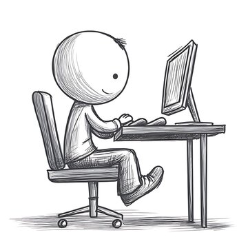 Stylized sketch of a person sitting at a desk using a computer